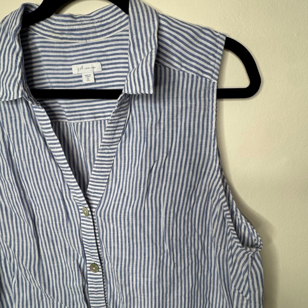 J. Jill Sleeveless Top Women XL Tall Blue White Stripe 100% Linen Button Down